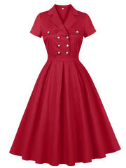 1950s Teal Blue Retro Double Breasted Lapel Collar Swing Dress