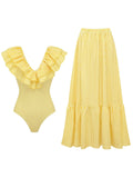 Yellow Striped Ruffle V-Neck One Piece Swimsuit