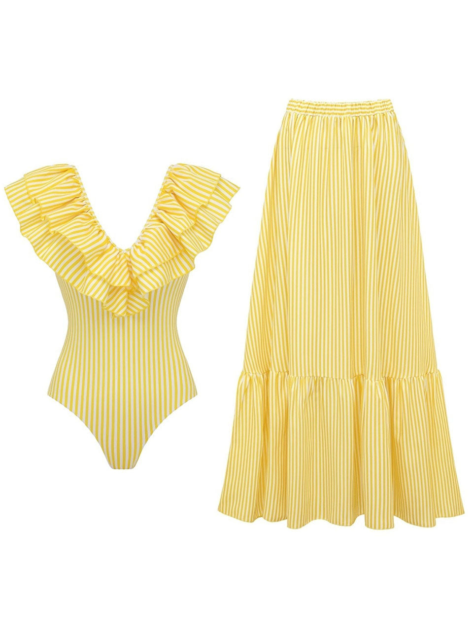 Yellow Striped Ruffle V-Neck One Piece Swimsuit