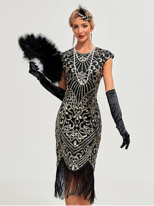 1920s Flapper Dress Gatsby Costume Burgundy Black Sequined Fringe Party Dress
