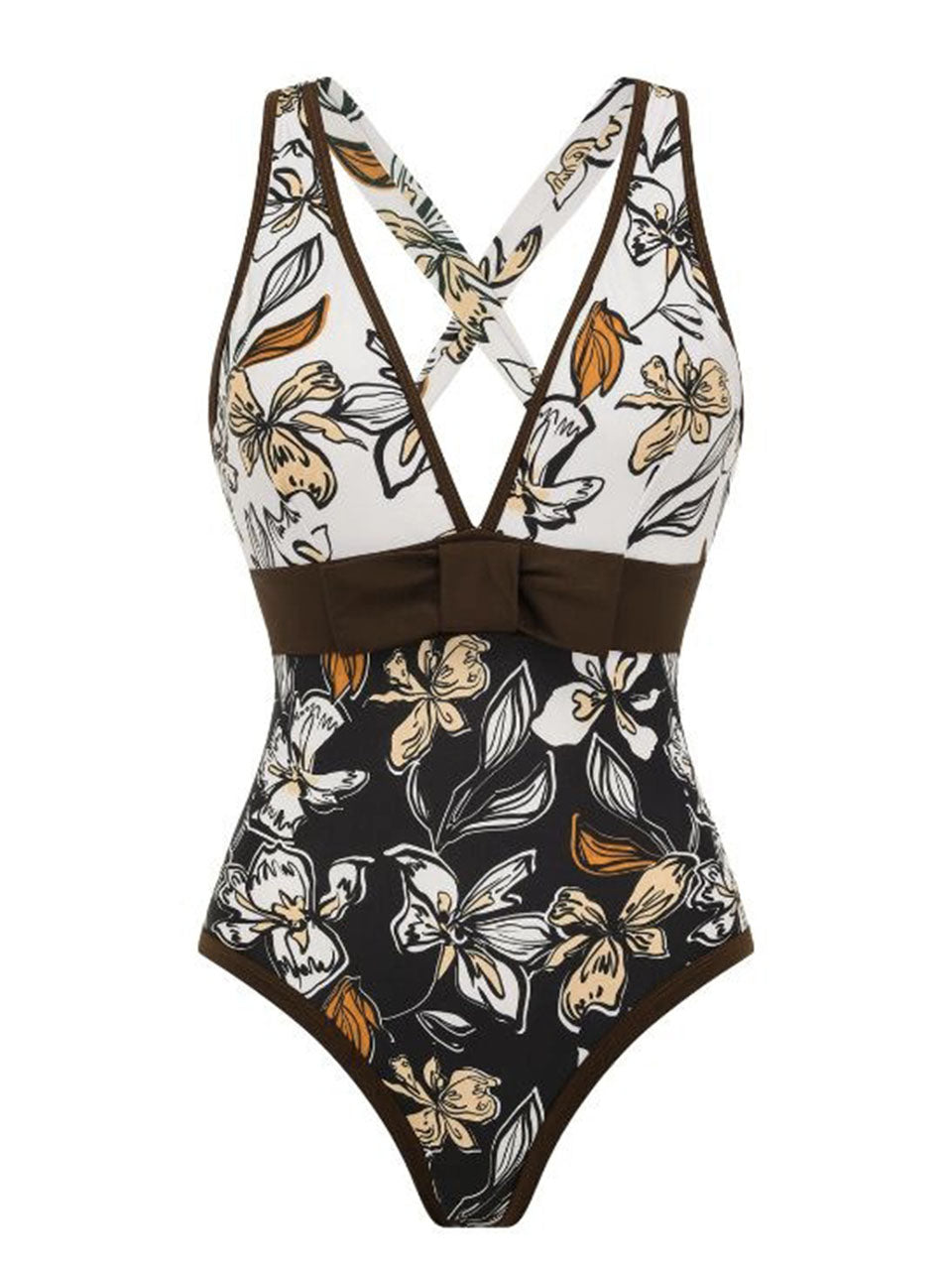 Black and Brown Floral Print Criss-Cross One-Piece Swimsuit and Sheer Sarong Set