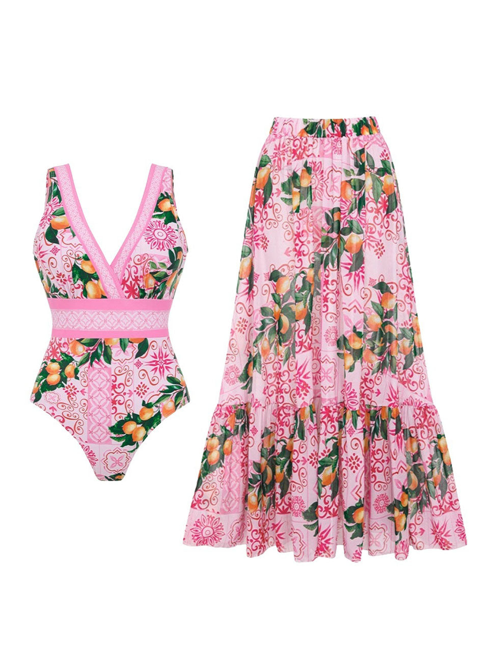Pink Floral Bathing Suit - 2 Piece Swimsuit and Beach Cover Up Skirt