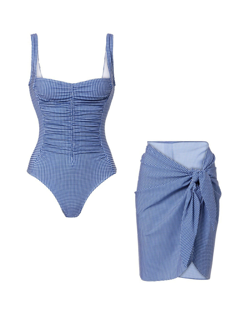 Blue Plaid Ruched One-Piece Swimsuit and Tie-Side Mini Sarong Cover-Up Set