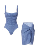 Blue Plaid Ruched One-Piece Swimsuit and Tie-Side Mini Sarong Cover-Up Set