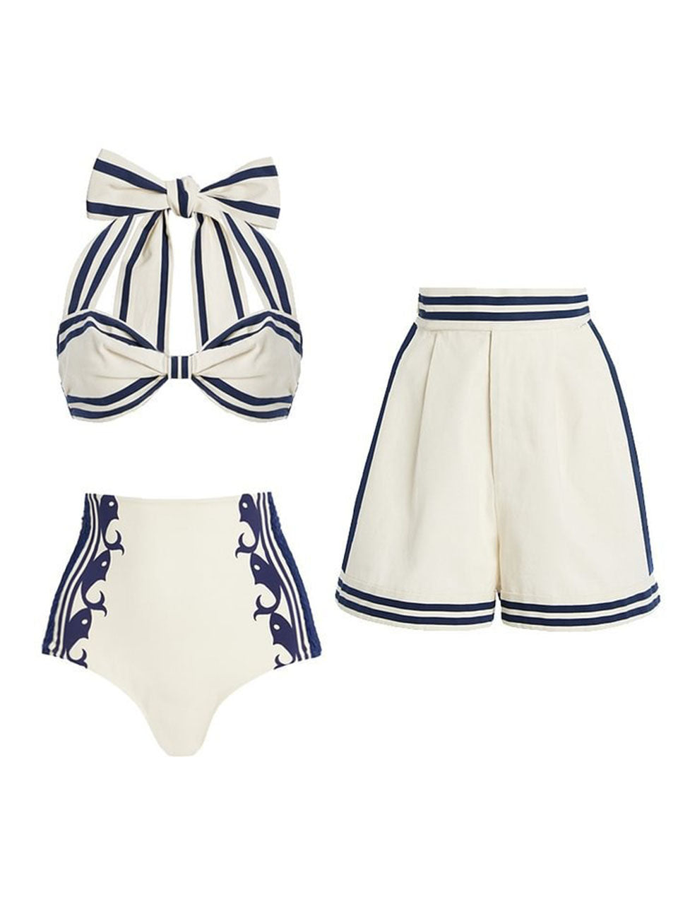 Retro Sailor Striped High Waisted Swimsuit 3-Piece Bikini Set Bow Halter Bikini and Shorts