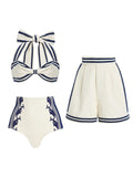 Retro Sailor Striped High Waisted Swimsuit 3-Piece Bikini Set Bow Halter Bikini and Shorts