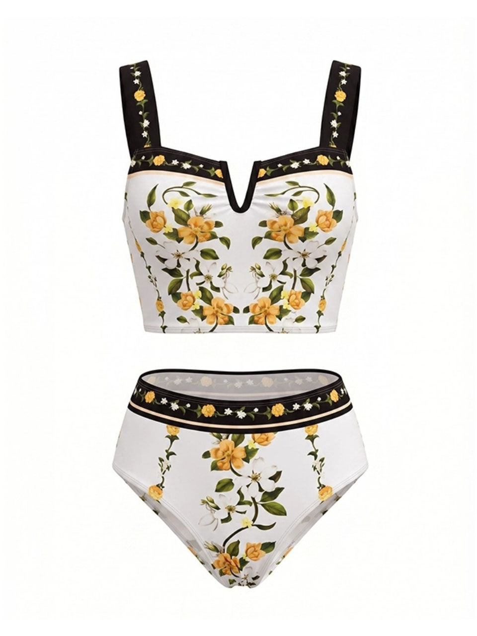 Vintage Floral Notch V-Neck Bikini Set