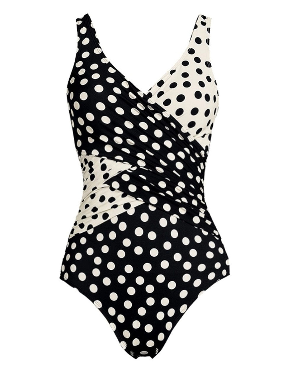 Split Color Block Polka Dot Ruched V-Neck Bathing Suit and Asymmetric Hem Beach Skirt Set