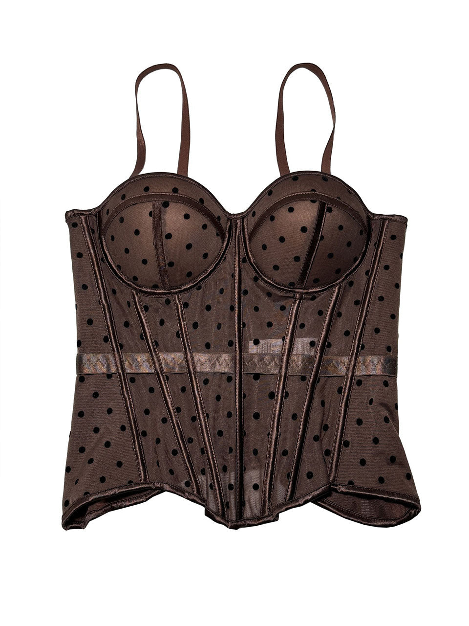 Pink Polka Dot Mesh Corset Top - Sheer Boned Spaghetti Strap Bustier
