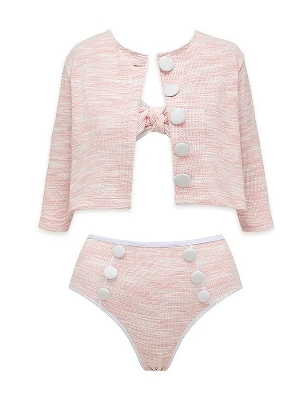 3 Piece Textured Pink Bathing Suit Vintage 1960s Mod Bow Bikini Set