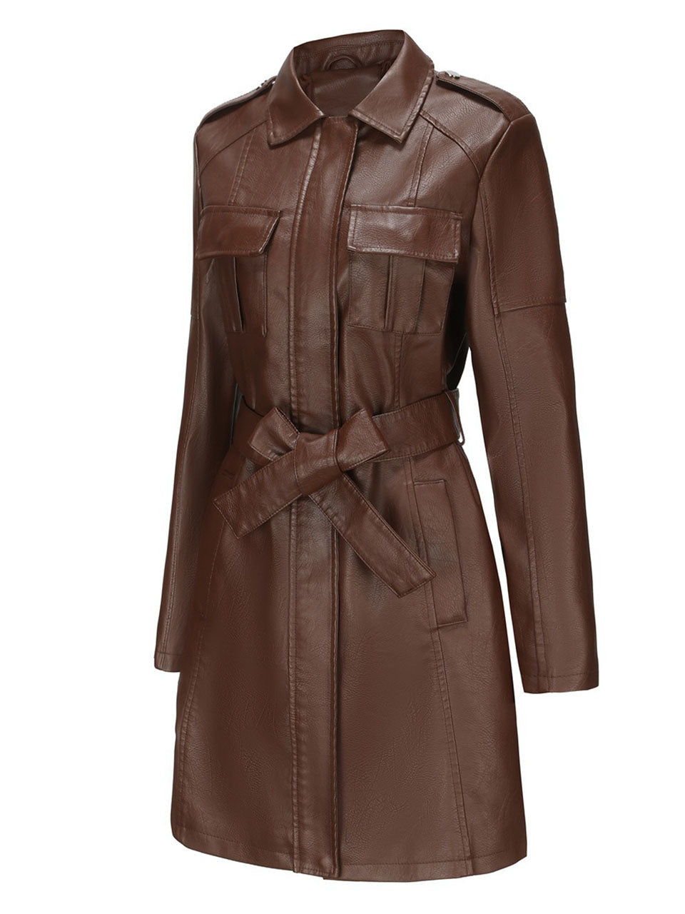 Black Faux PU Leather Trench Mid-Length Coat