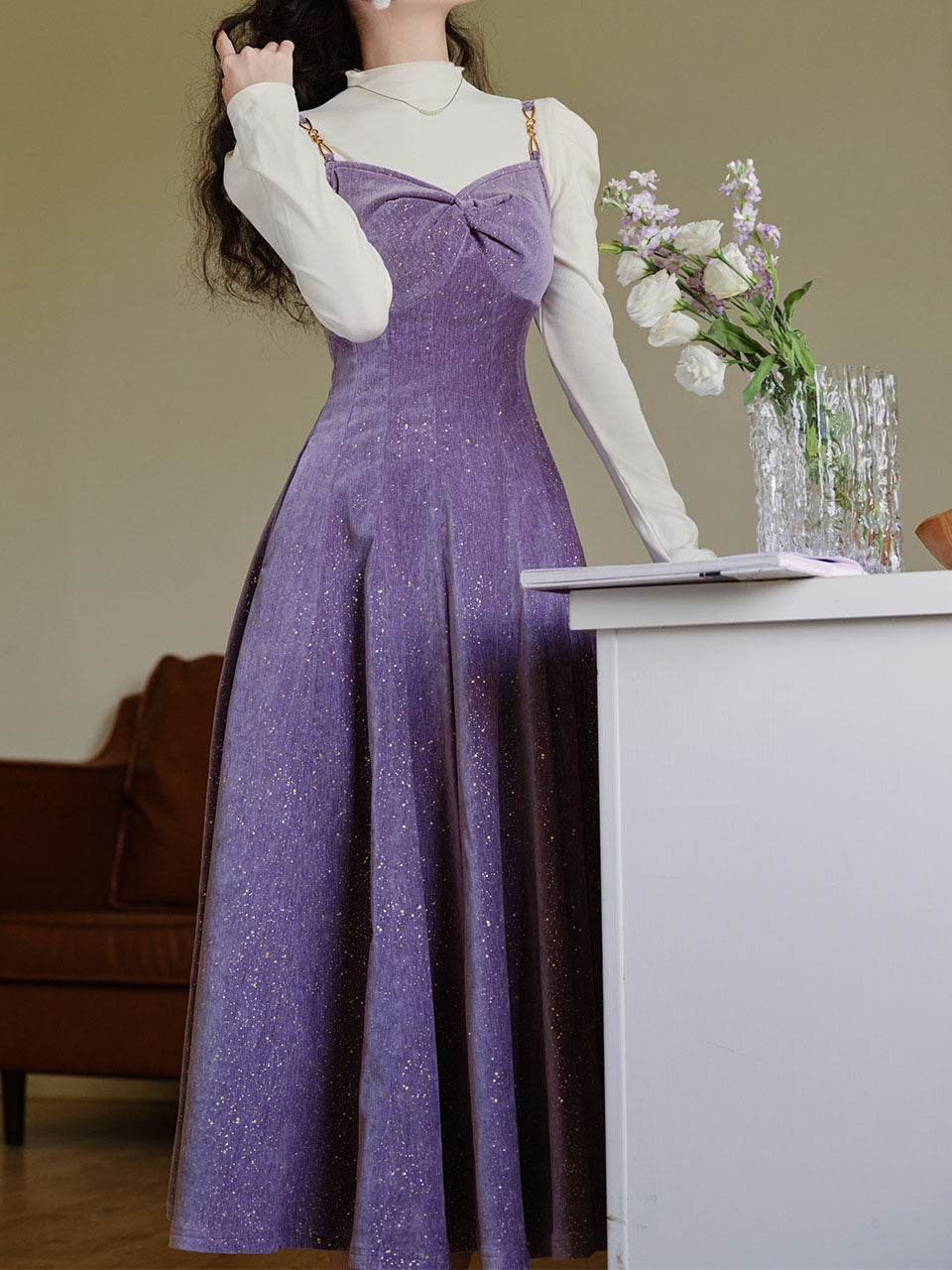 2 Piece Sequin Slip Dress in Purple