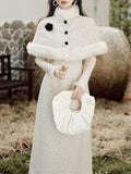 White Polka Dots Fluffy Cape Vintage Two-Piece Dress Set