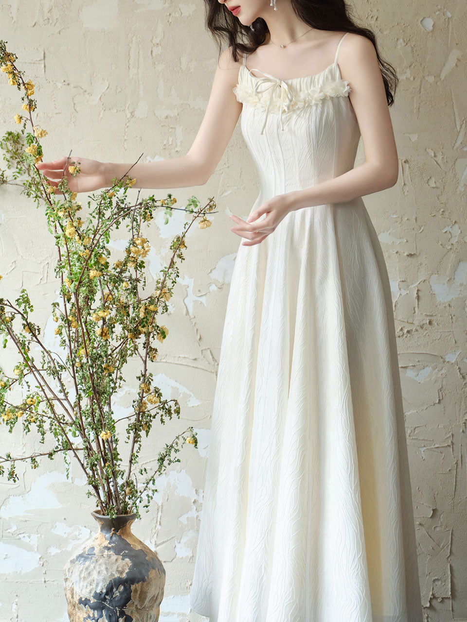 White Jacquard Acetate Sling Ruffle Wedding Maxi Dress and Bow Cardigan