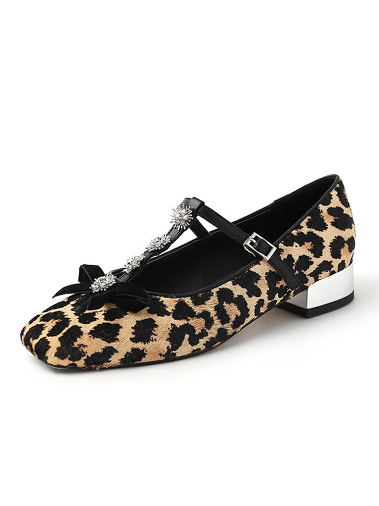 Flat Heel Leopard Square Toe T-strap Rhinestone Vintage Shoes