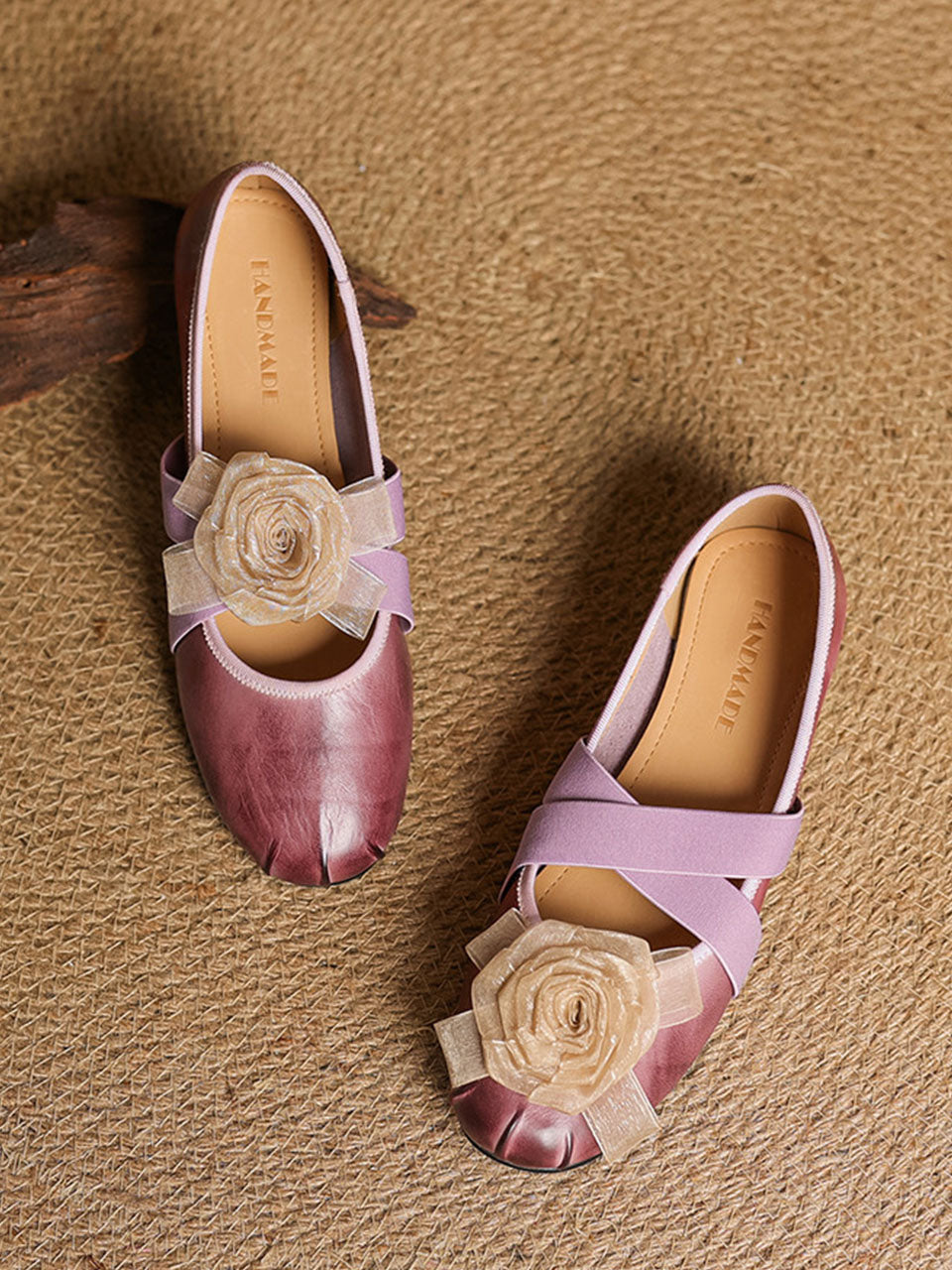 Purple Handmade Floral Washed Leather Cross Elastic Mary Jane Flat Heel Shoes