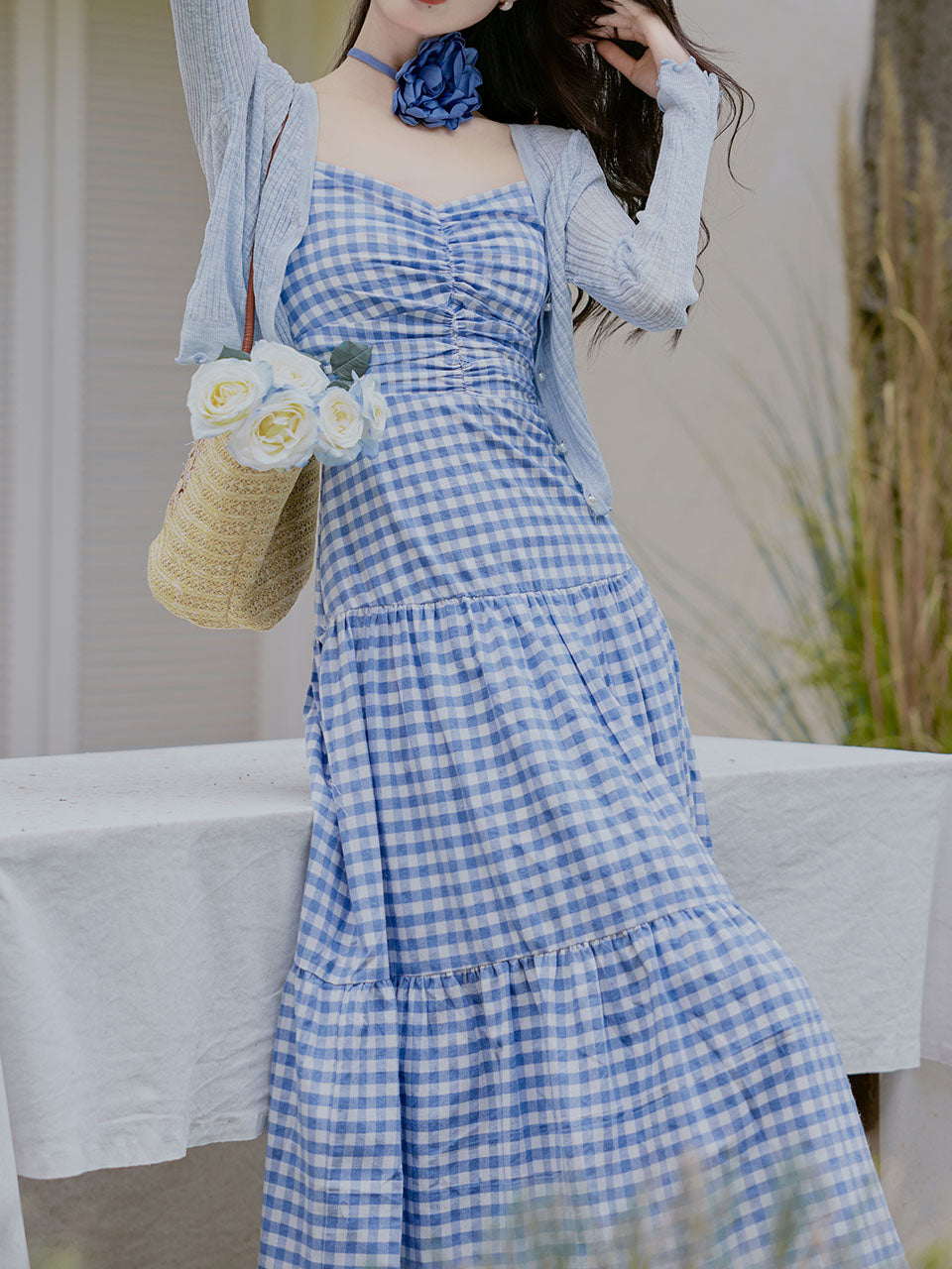 3PS Blue Plaid Spaghetti Strap Dress