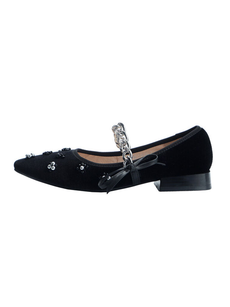 Flat Heel Pointed Toe Hollow Belt Velvet Pearl Vintage Shoes