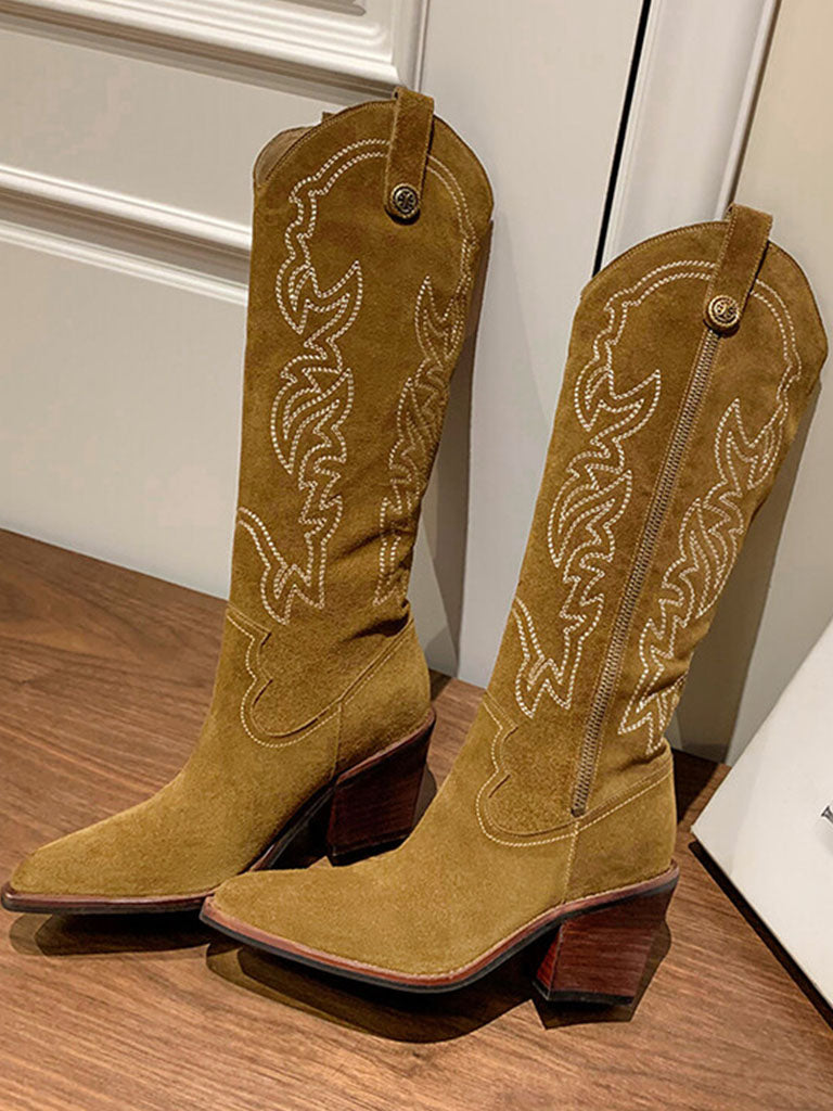 Boots Pointed Toe Chunky Heel Bohemian Embroidery Suede Knee High Boots