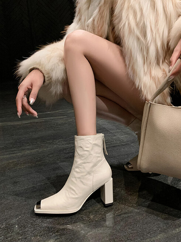 Ankle Boots Black Zip Back Square Toe Chunky Heel Ankle Boots