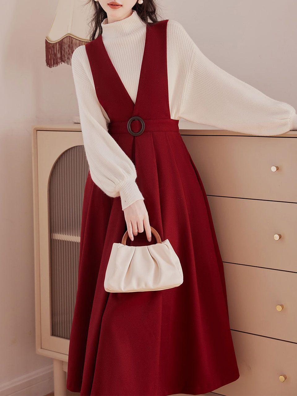 2 Piece Red Angora Retro Suspender Dress