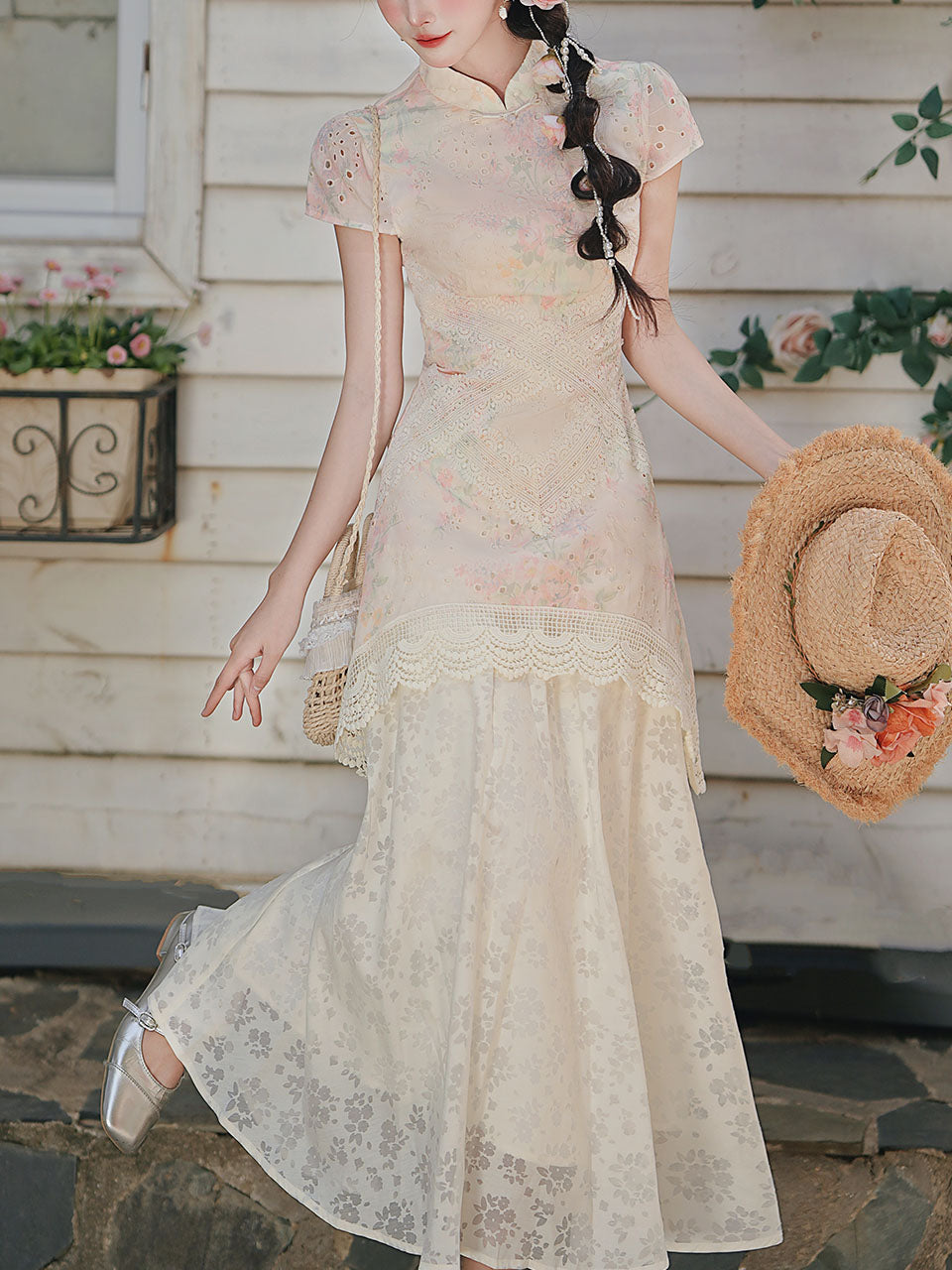 Pink Pastel Floral Lace Cheongsam Dress