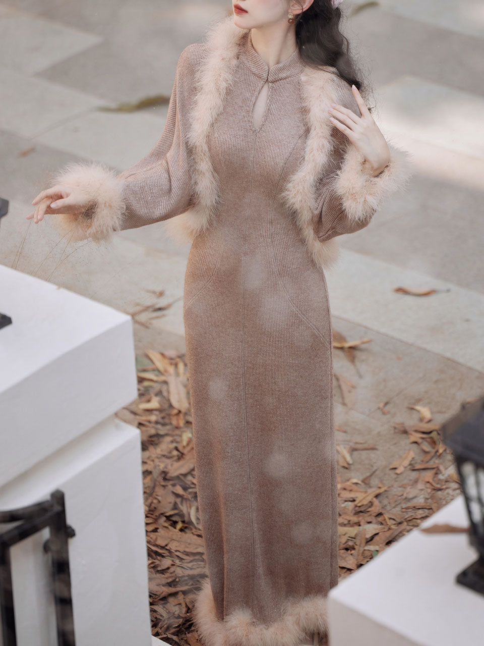 2PS Brown Cheongsam Sleeveless Knit Sweater Dress