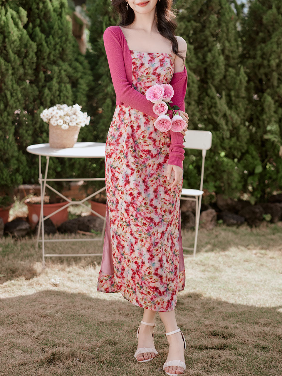 2PS Pink Floral Print Spaghetti Strap Dress