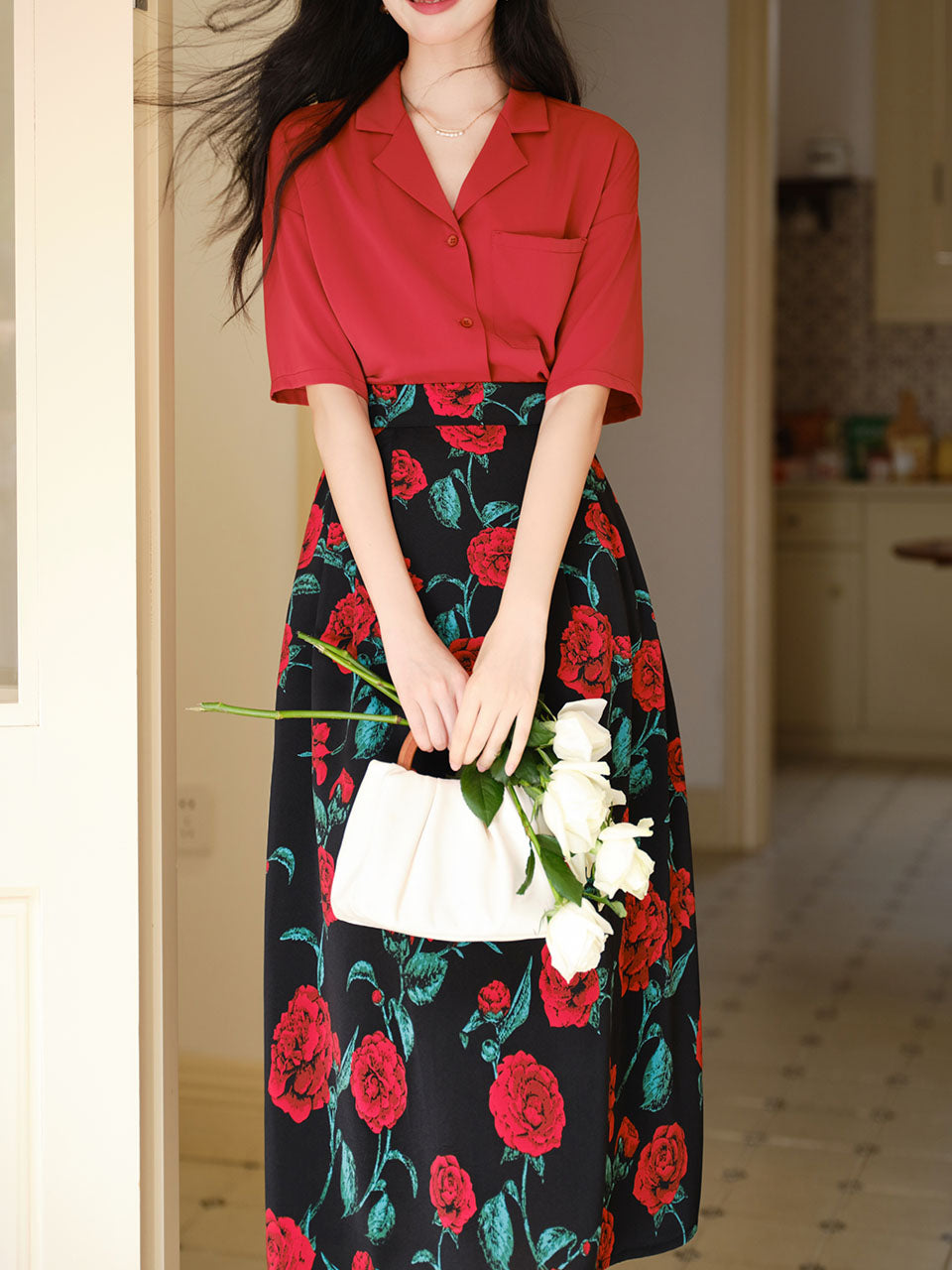 2PS Red Casual Shirt and High Waist Rose Print Skirt Outfit