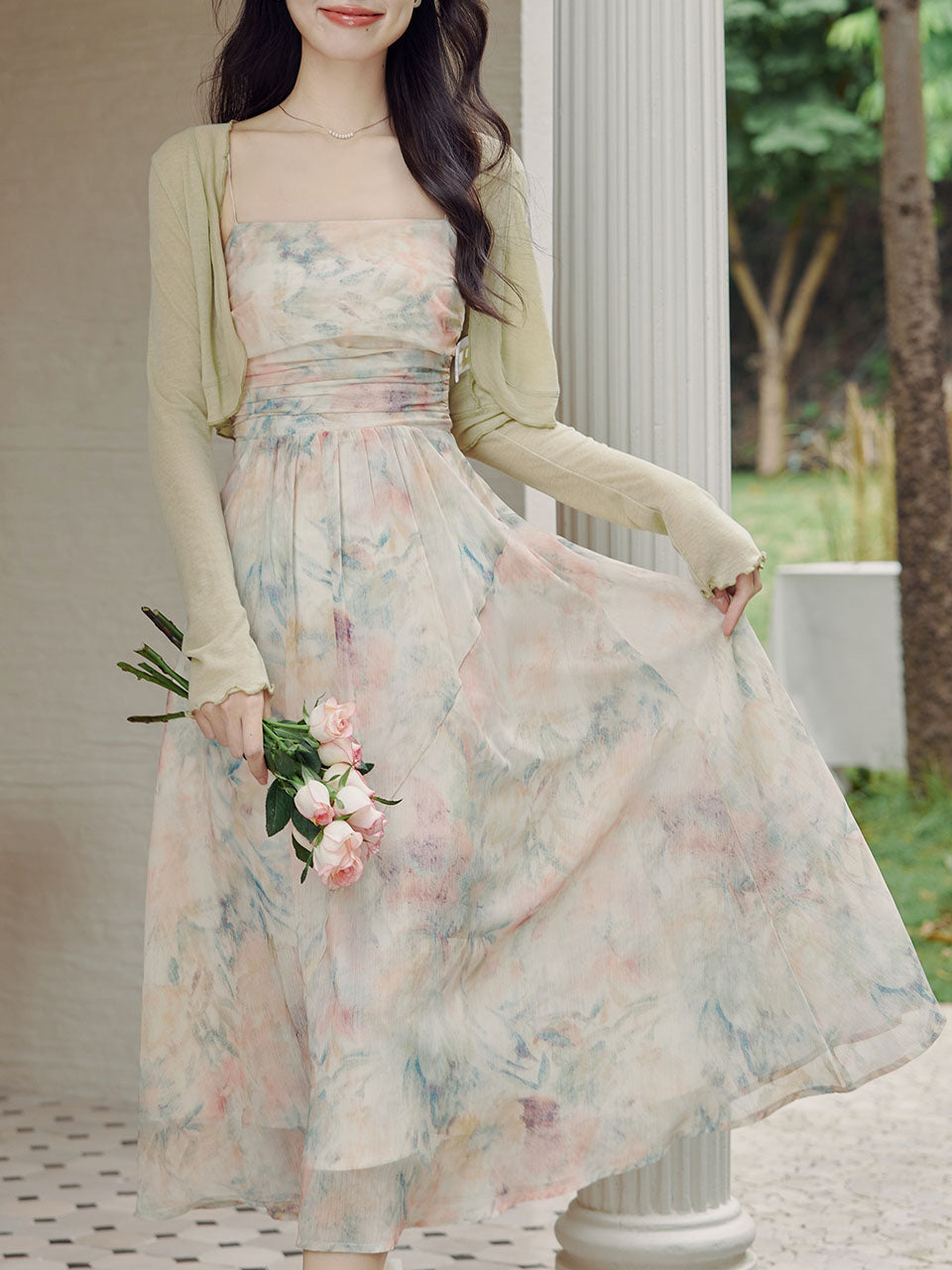 2PS Light Pink Floral Print Spaghetti Strap Dress