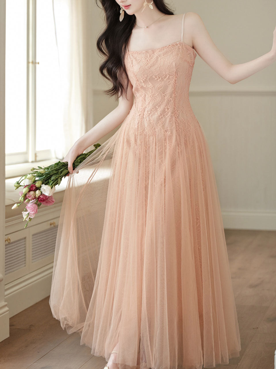 Balletcore Style Pink Mesh Flared Spaghetti Strap Maxi Dress