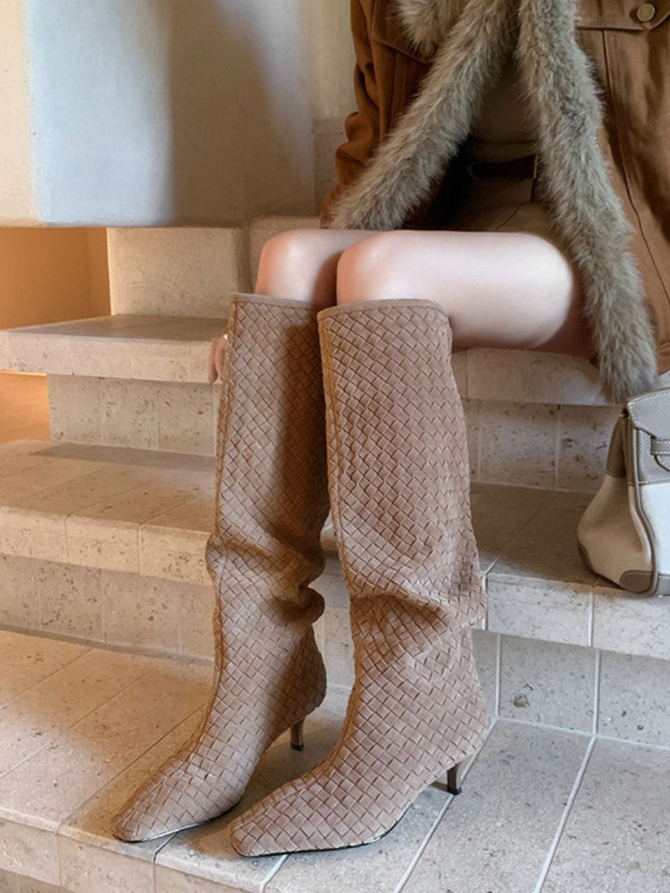 Suede Knit High Heel Knee High Boots Vintage Shoes
