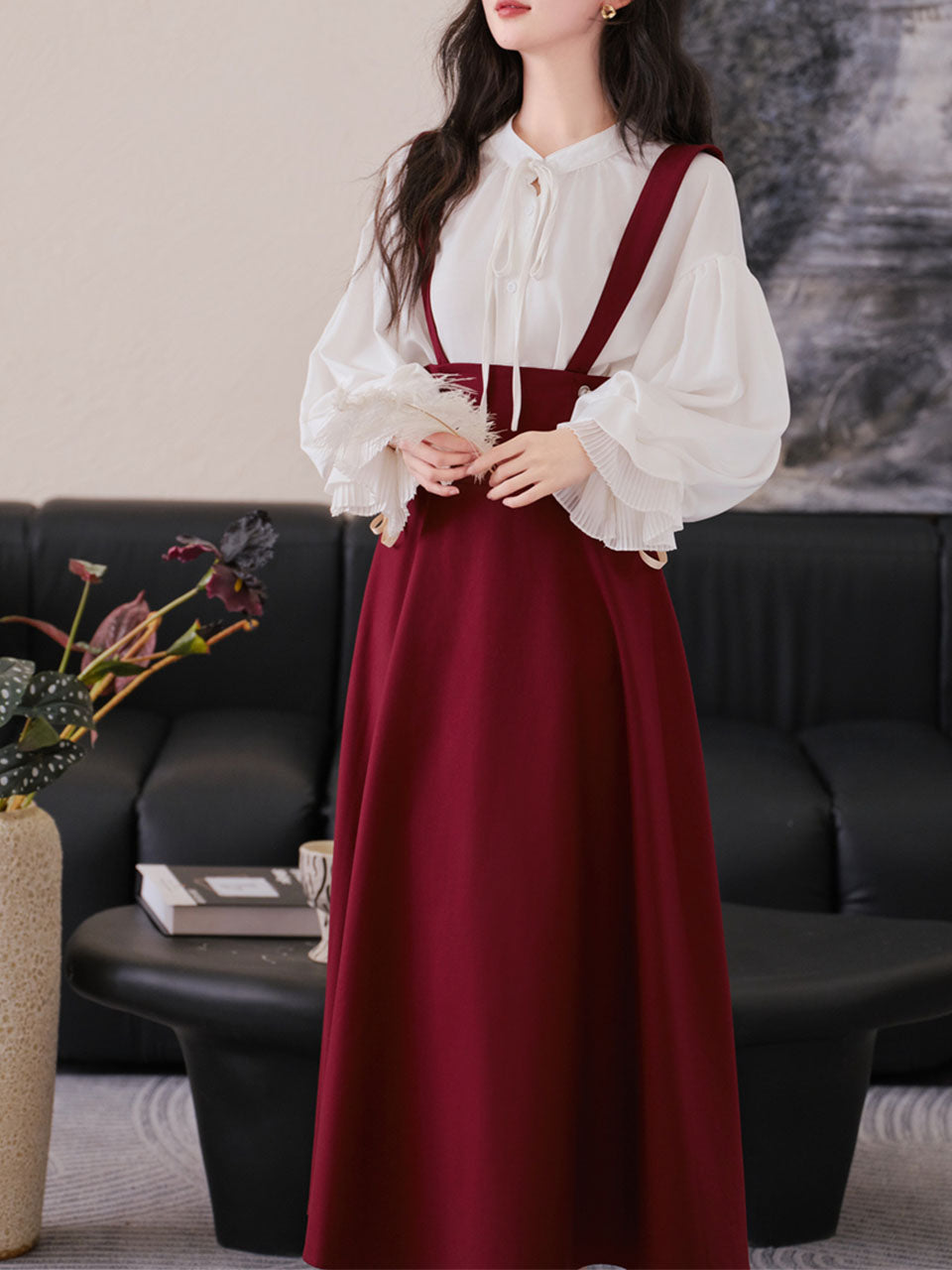 2PS White Long Sleeve Blouse And Red Supender Skirt Dress Set