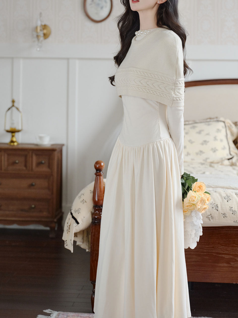 White Two-Piece Set Pearl Beaded Long Sleeve Dress