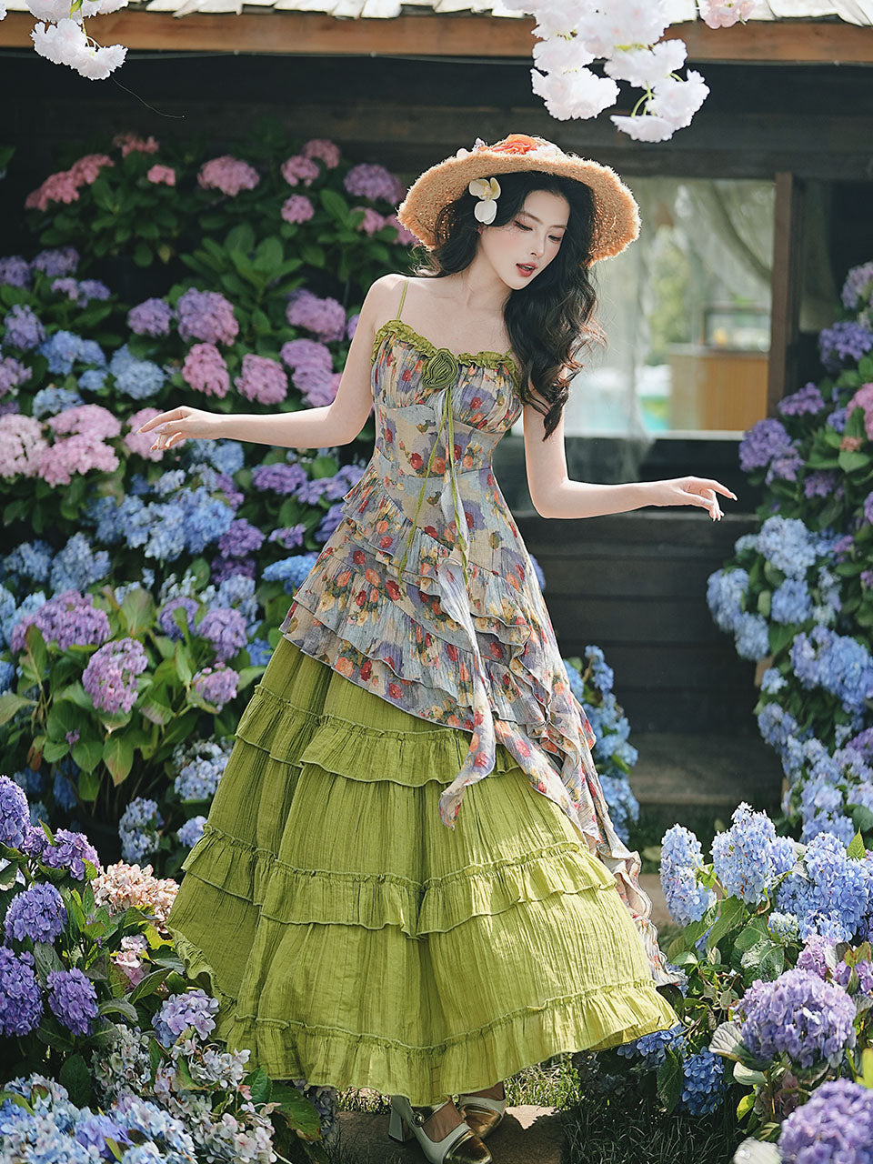 2PS Boho Gypsy Floral Asymmetrical Maxi Dress Whimsical Green Crinkled Tiered Ruffle Dress for Festival