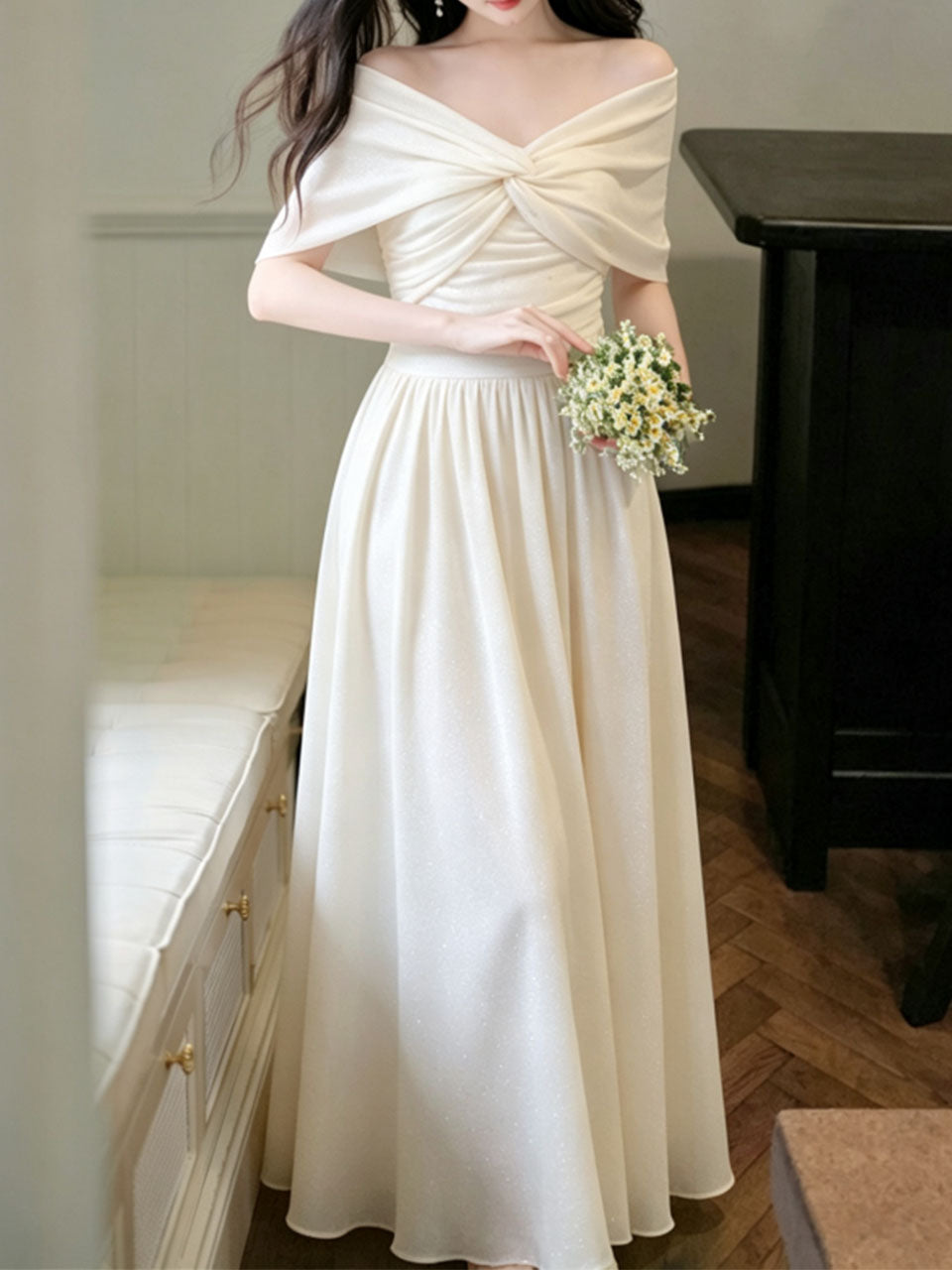 White Off Shoulder Sweetheart Vintage Wedding Maxi Dress