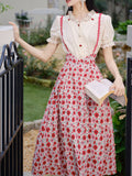 White Cotton Embroidered Shirt and Rose Print Suspender Dress