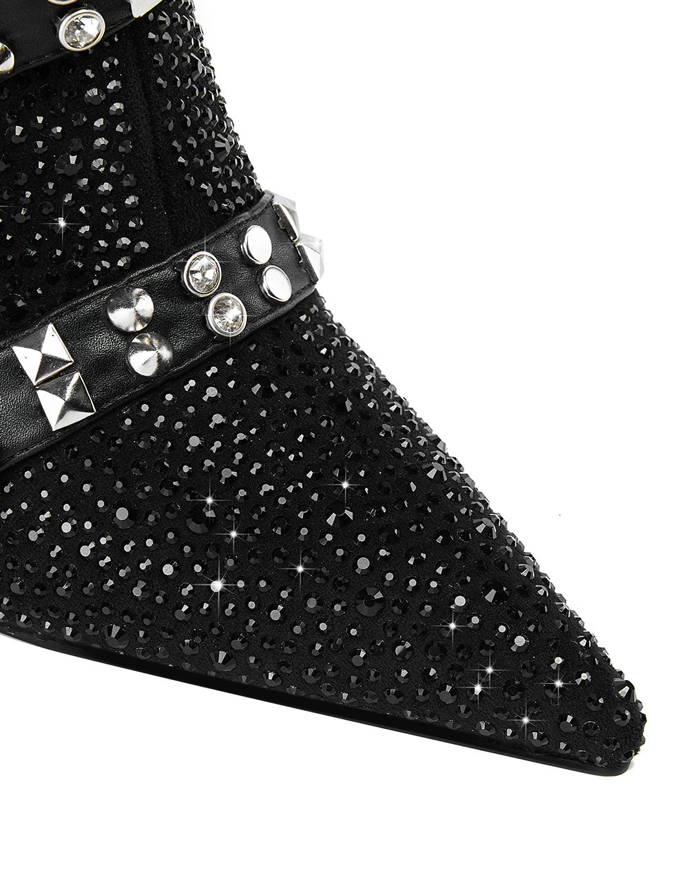 Black High Heel Pointed Toes Luxury Flower Bling Rhinestone Bootie Shoes
