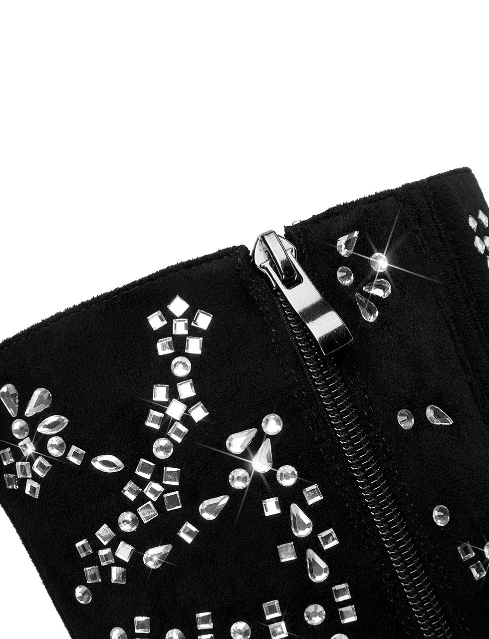 Black High Heel Pointed Toes Luxury Flower Bling Rhinestone Boots Shoes