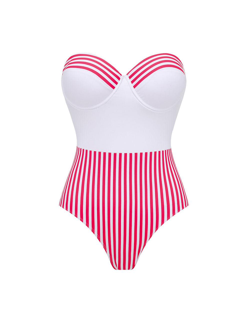 Pink and White Vertical Striped Bandeau One-Piece Swimsuit