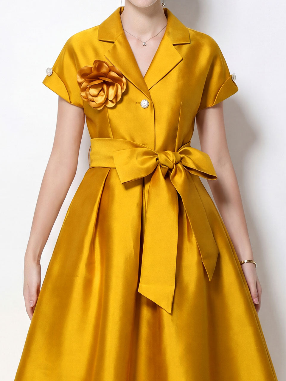 Vintage 1950s Audrey Hepburn Style Navy Satin Lapel Collar Midi Dress