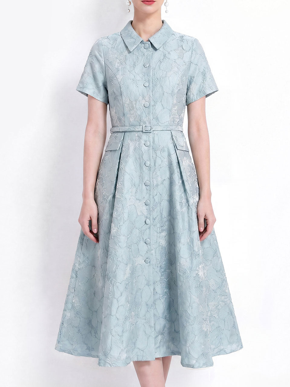 Pink Jacquard Elegant Embossed Floral Shirt Dress