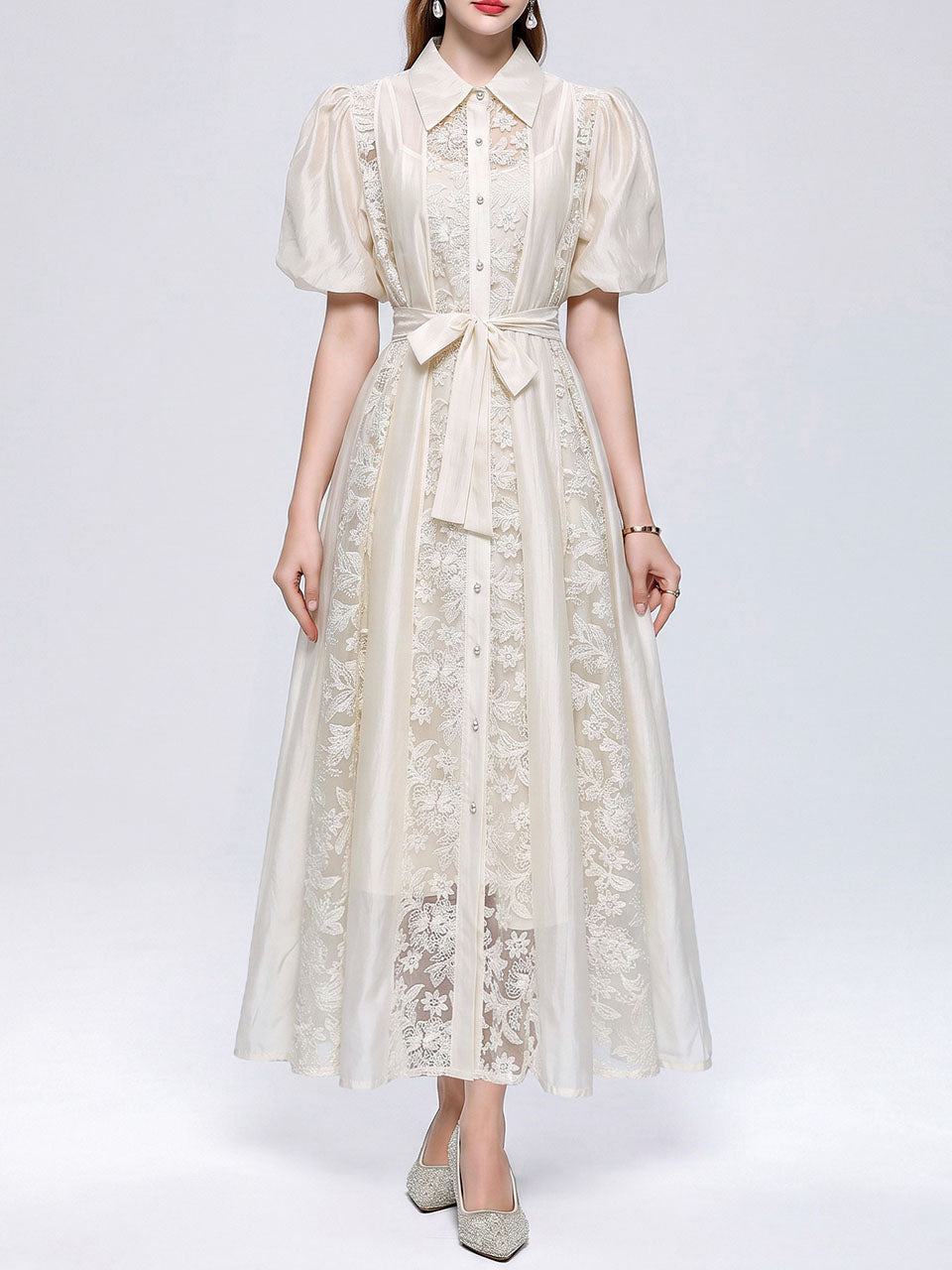 Pink Floral Lace Puff Short Sleeves A-Line Midi  Shirt Dress