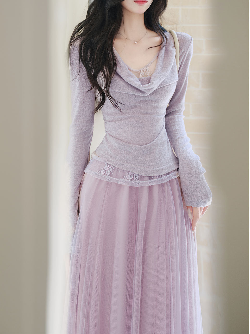 2PS Purple Lace Long Sleeve T-shirt And Purple Swing Tulle Skirt Suits