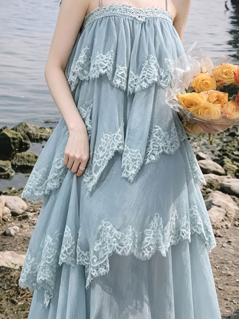 Blue Lace Spaghetti Strap Irregular Tiered Maxi Dress