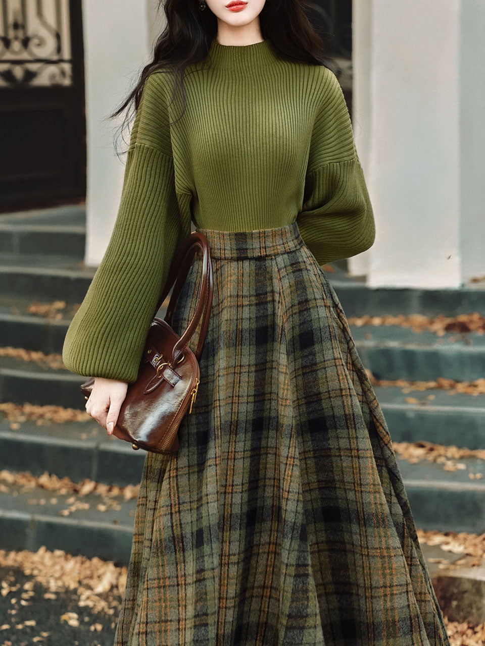 2PS Green Sweater And Plaid Swing Skirt 1950S Vintage Audrey Hepburn's Style Outfits