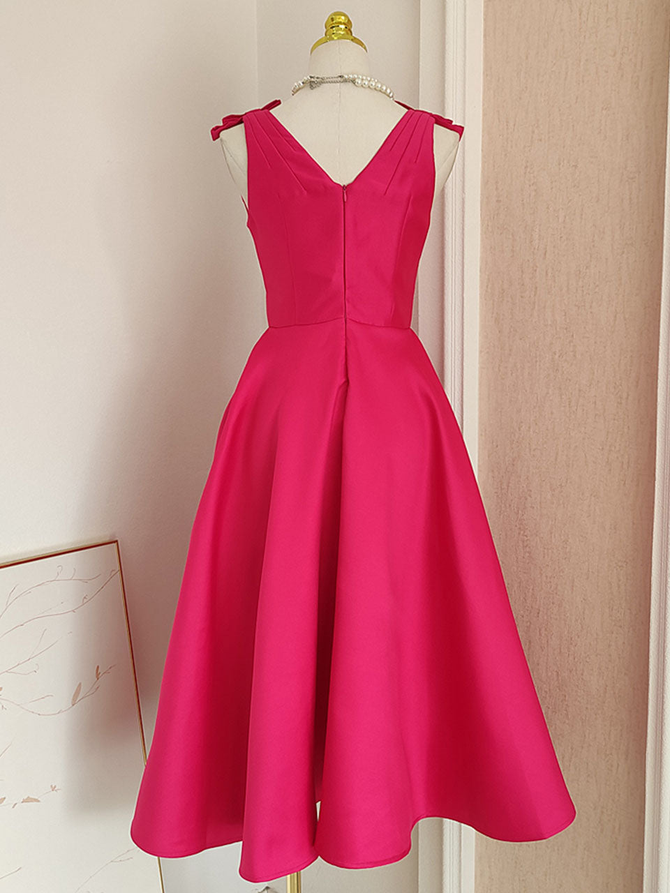 Rose Luxury Button V Neck High Waist Swing Party Dress