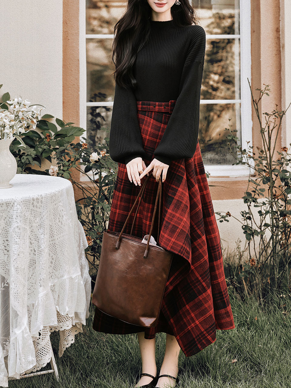 2PS Black Sweater And Red Plaid Swing Skirt 1950S Vintage Audrey Hepburn's Style Outfits