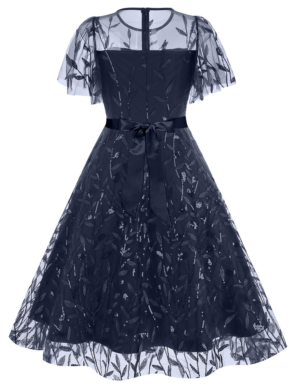 Baby Grey Semi Mesh Leaf Sequins Embroidered Short Sleeve 1950S Swing Dress