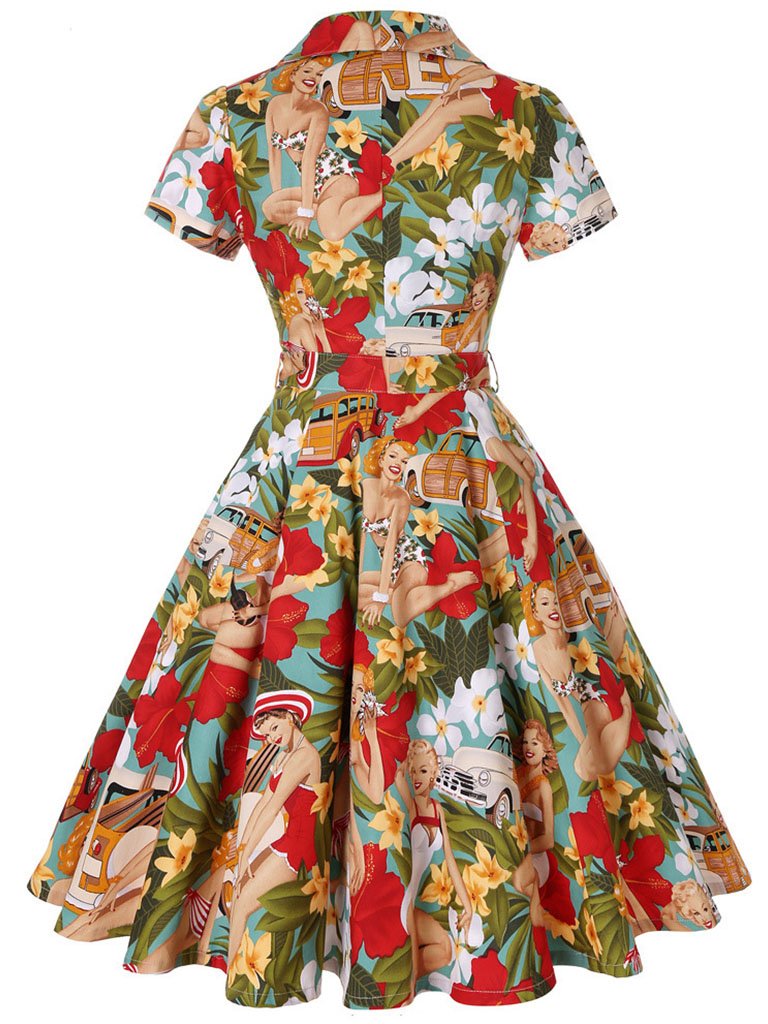 Green 1960S Floral Print Swing Vintage Dress